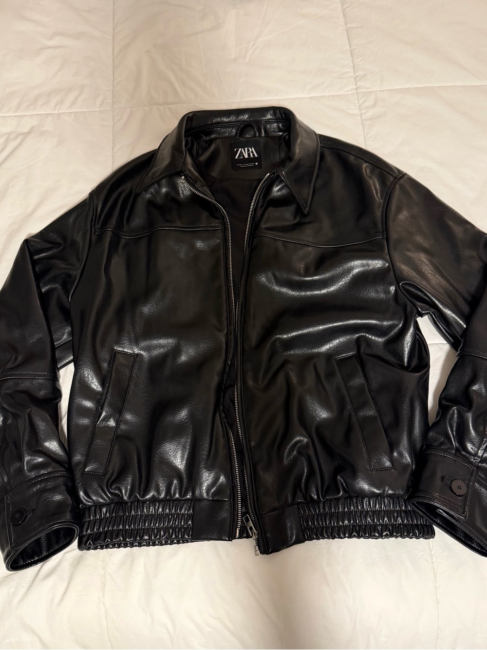 Zara Black Faux Leather Bomber Jacket with Elastic Hem
